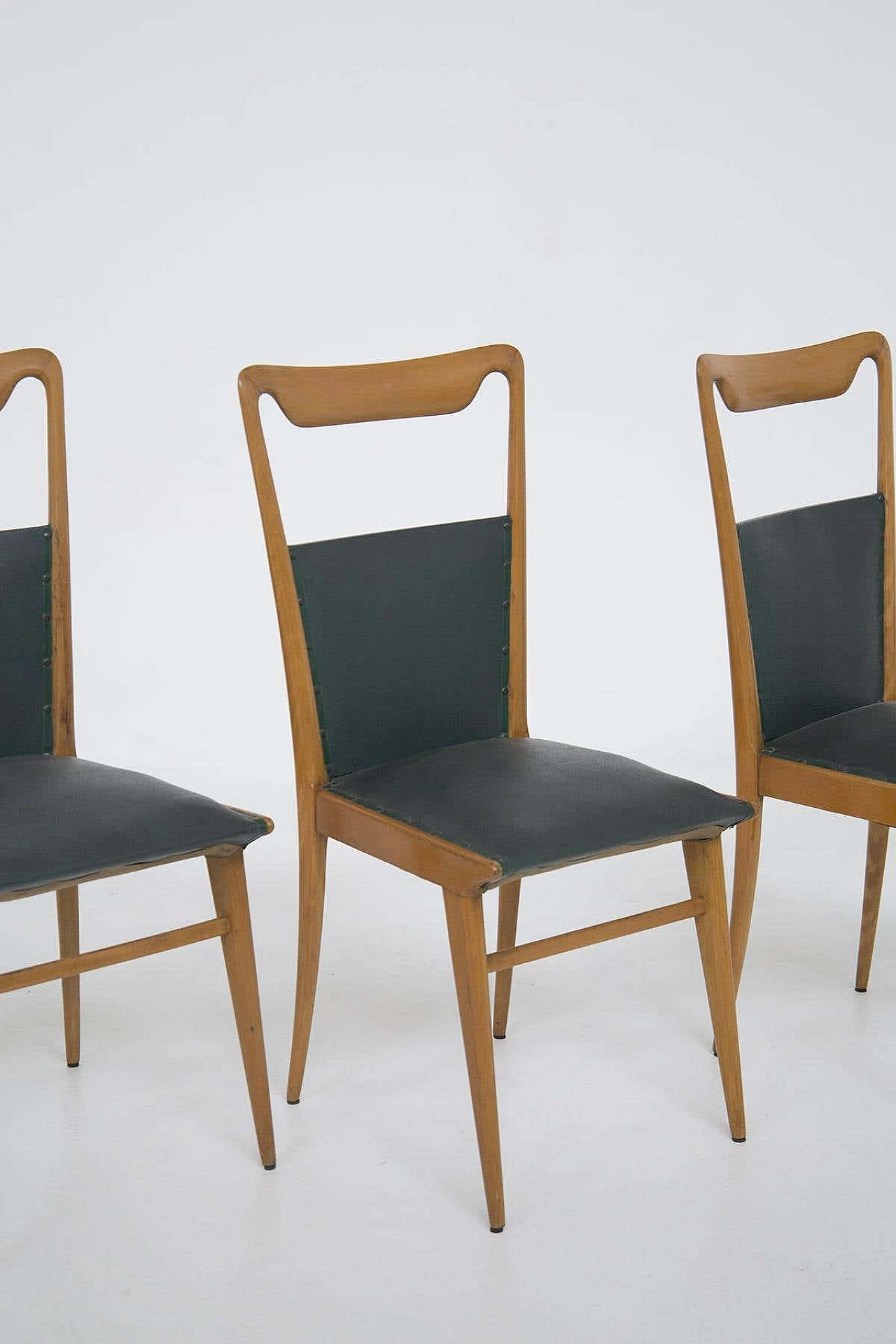 6 Wooden and dark green leather chairs, 1950s 3