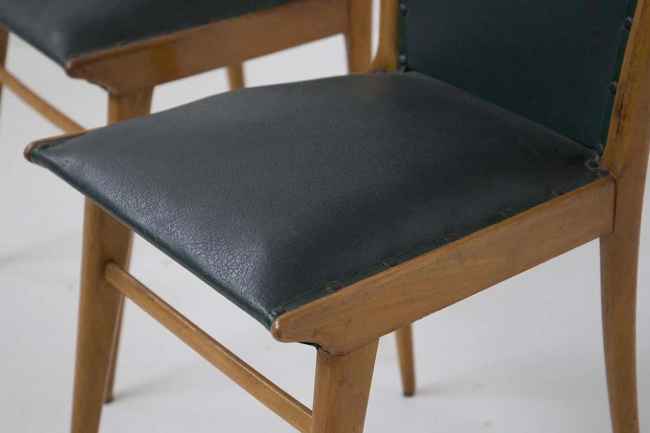 6 Wooden and dark green leather chairs, 1950s 6