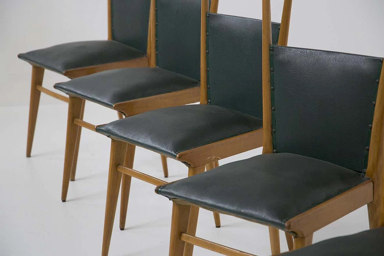 6 Wooden and dark green leather chairs, 1950s 8