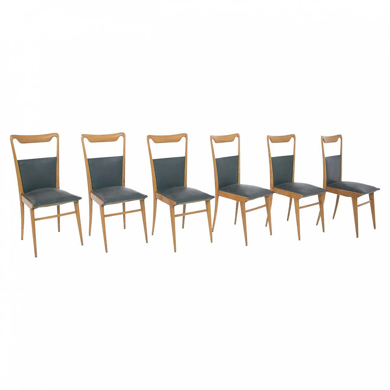 6 Wooden and dark green leather chairs, 1950s 9