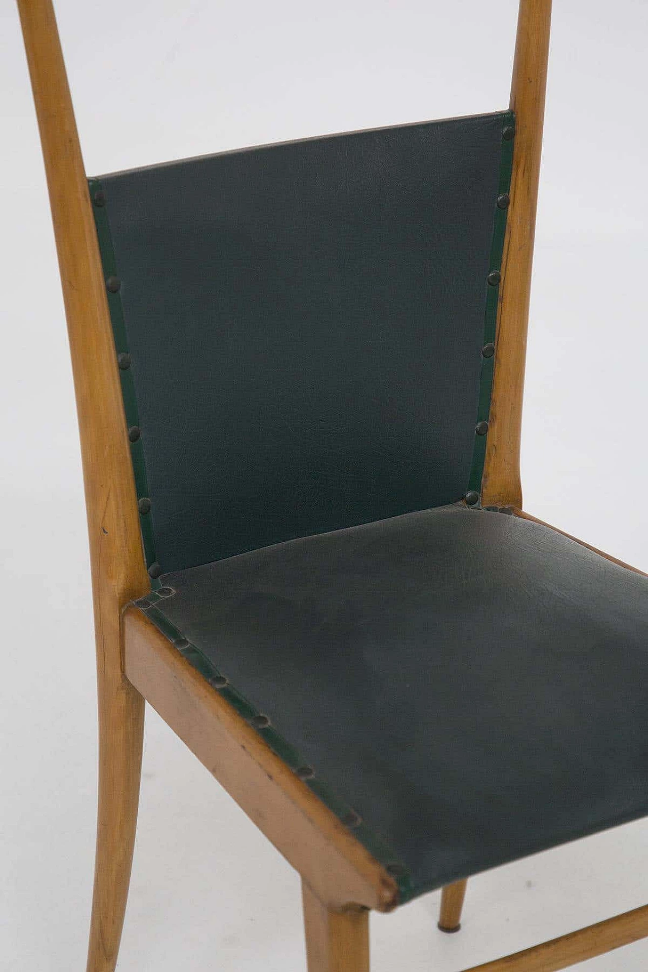 6 Wooden and dark green leather chairs, 1950s 11