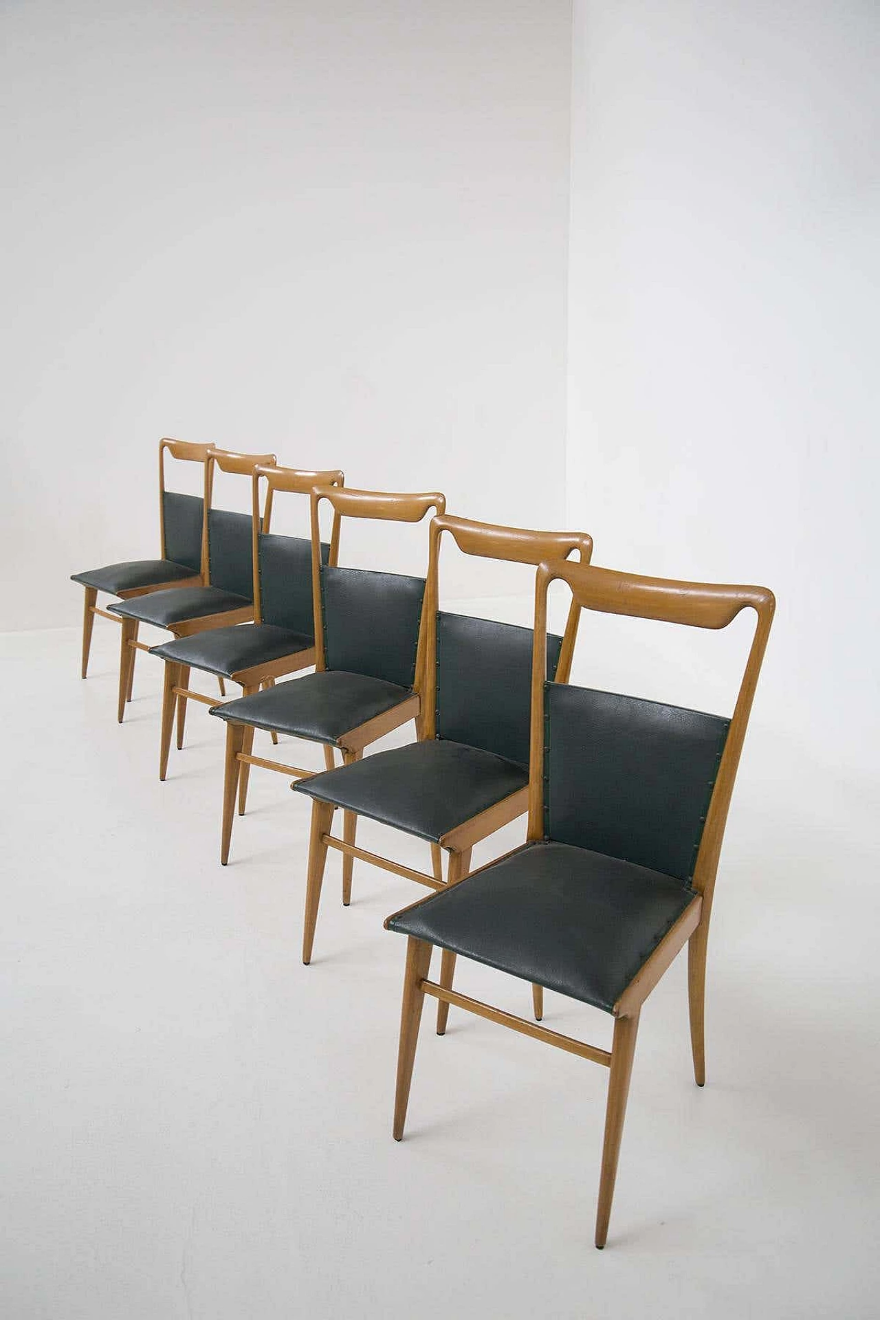 6 Wooden and dark green leather chairs, 1950s 13