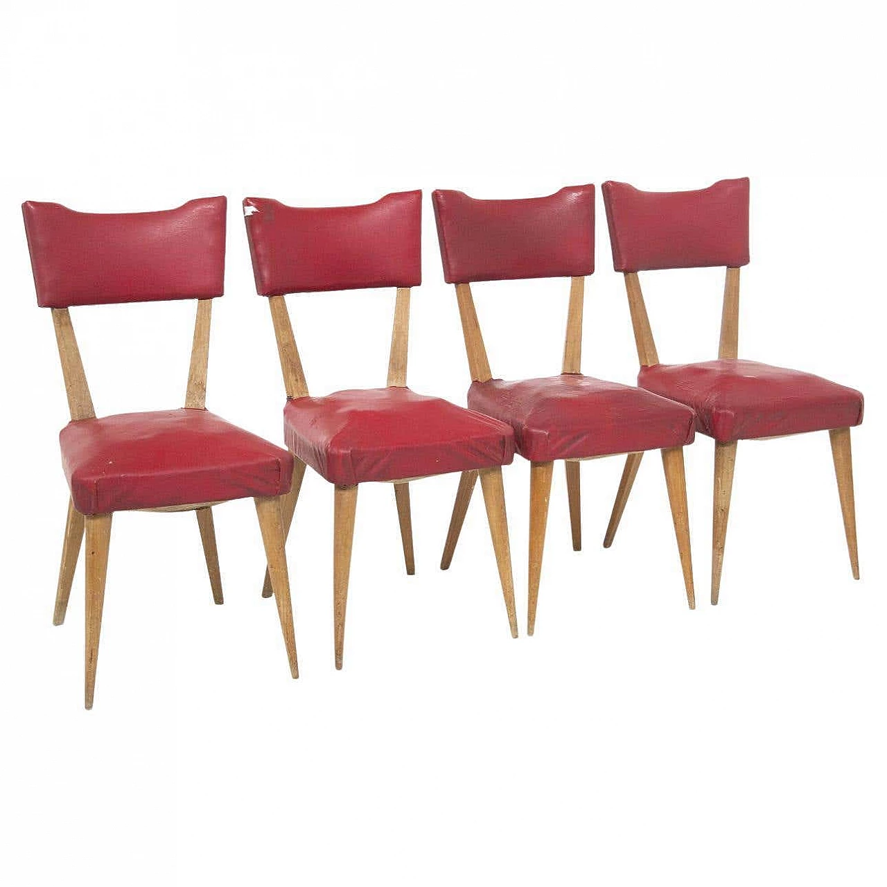 4 Wooden chairs upholstered in red skai, 1950s 4