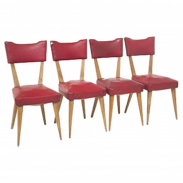 4 Sedie in legno rivestite in skai rosso, anni '50