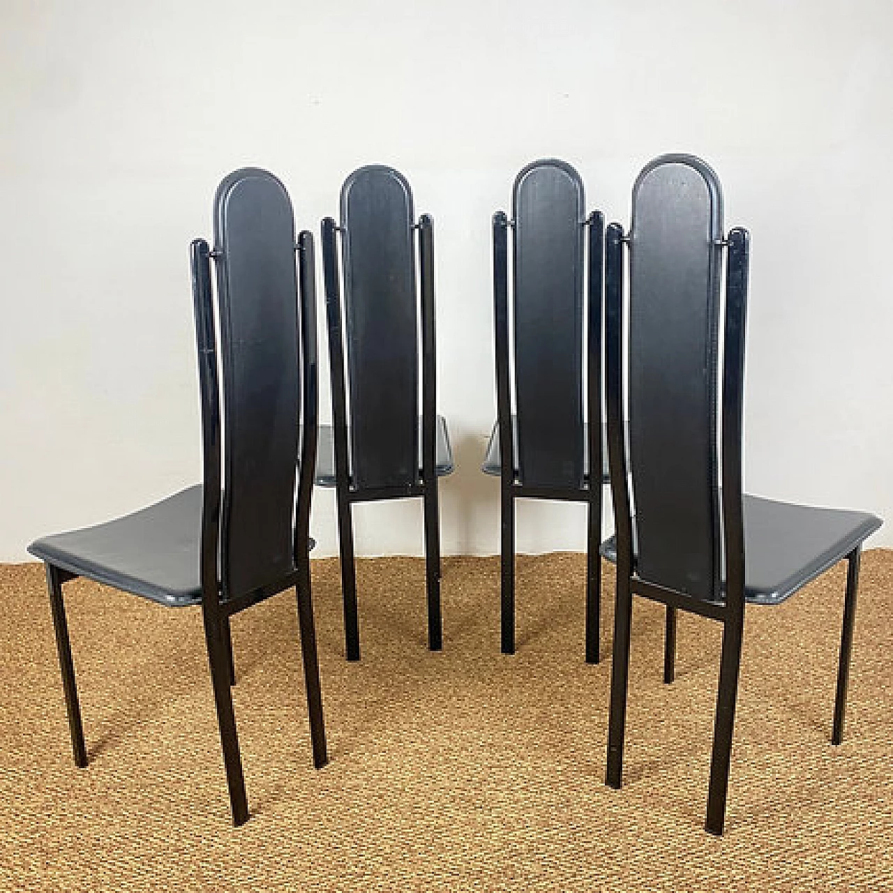 4 Sedie con schienale alto in acciaio e cuoio di Recanatini, anni '80 7
