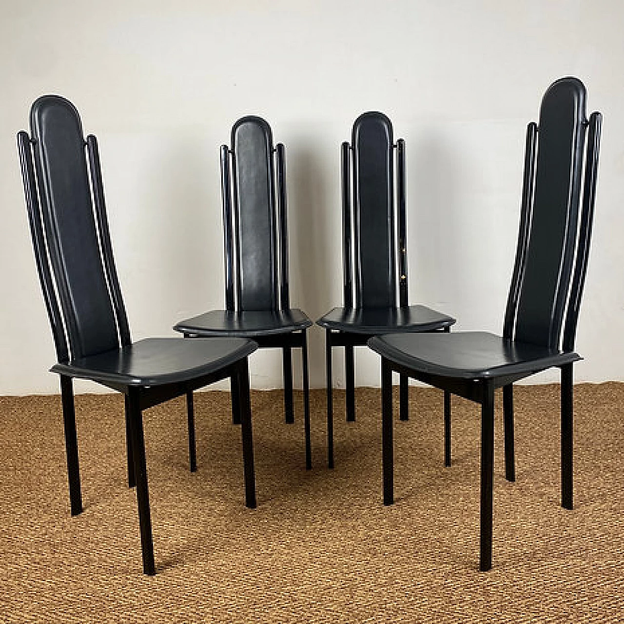4 Steel and leather high-back chairs by Recanatini, 1980s 8
