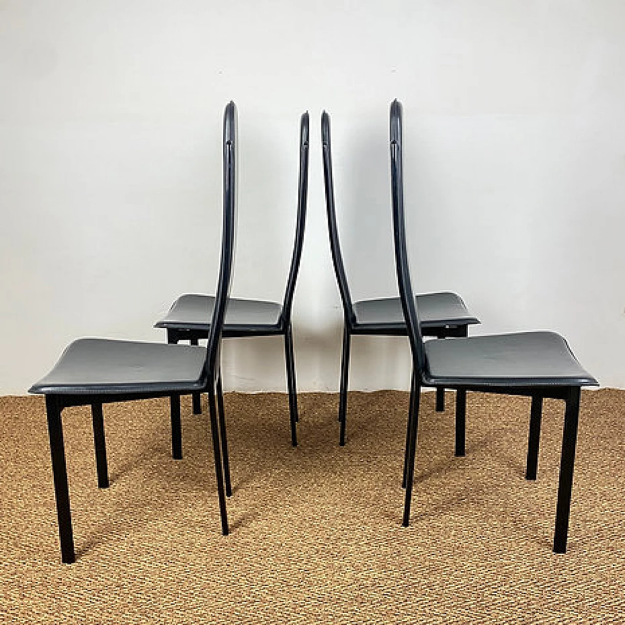 4 Steel and leather high-back chairs by Recanatini, 1980s 9