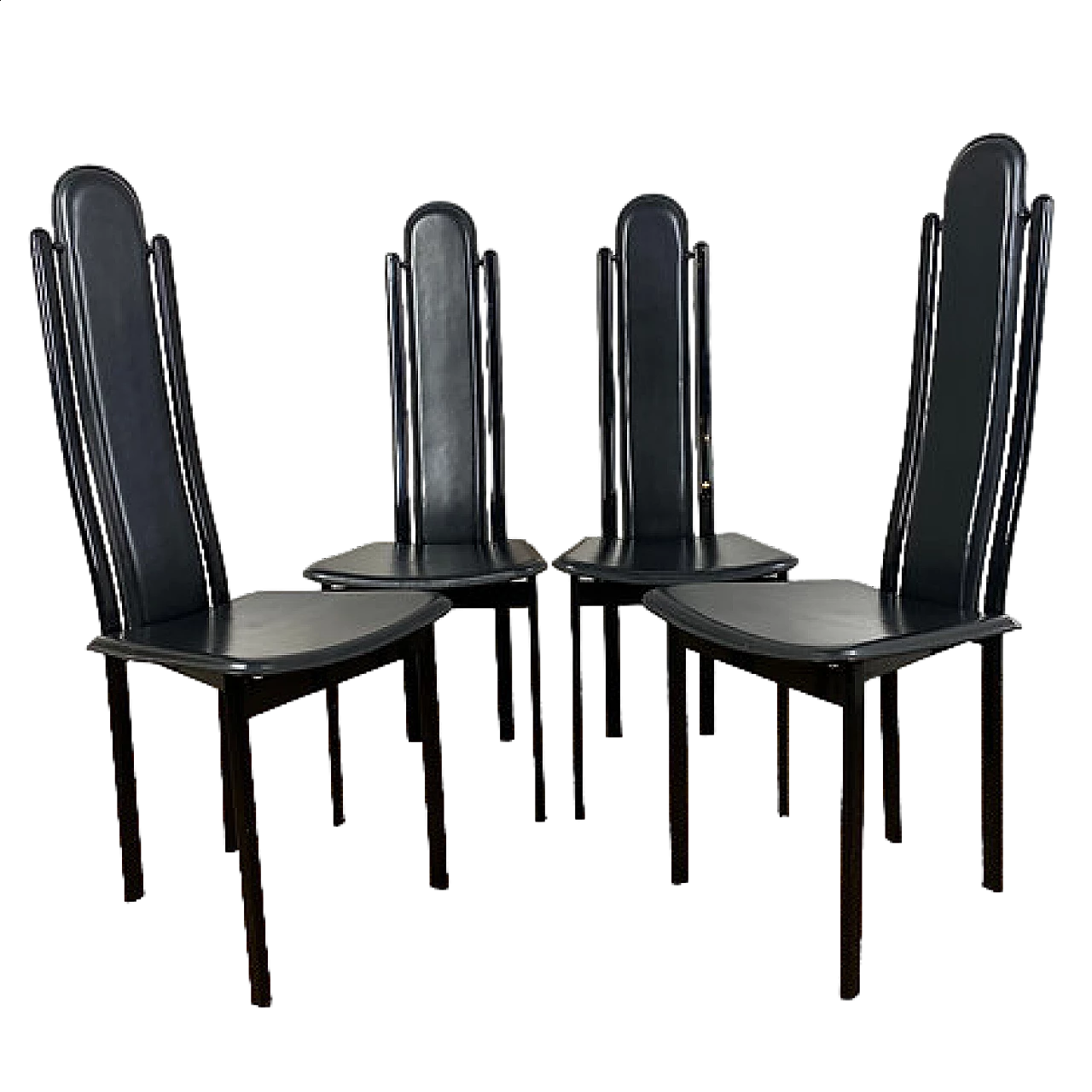 4 Sedie con schienale alto in acciaio e cuoio di Recanatini, anni '80 11