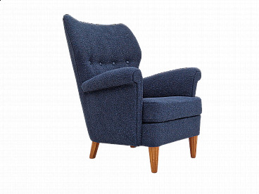 Swedish dark blue fabric armchair with beech legs, 1970s