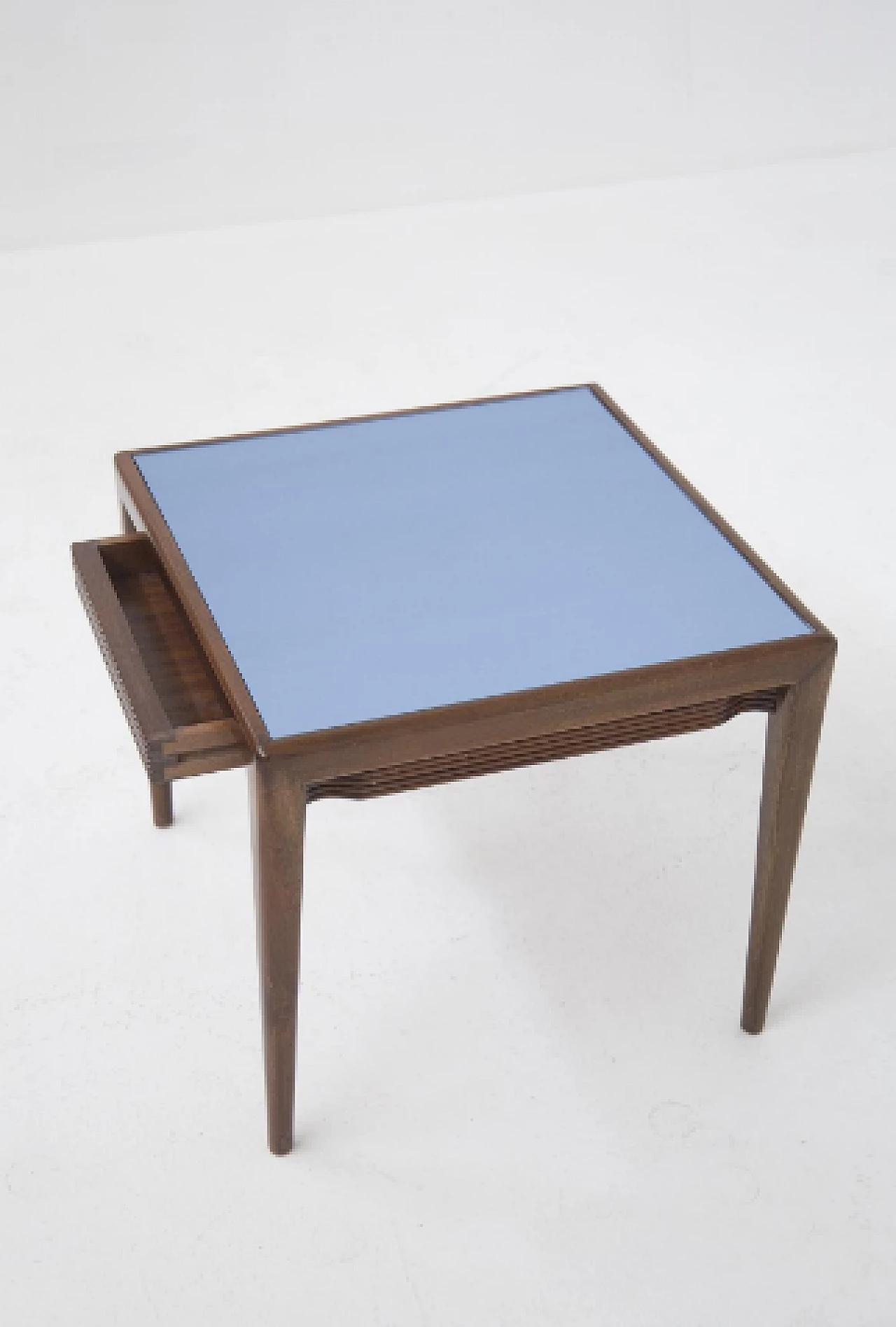 Pair of wood and blue glass coffee tables by Osvaldo Borsani, 1950s 9