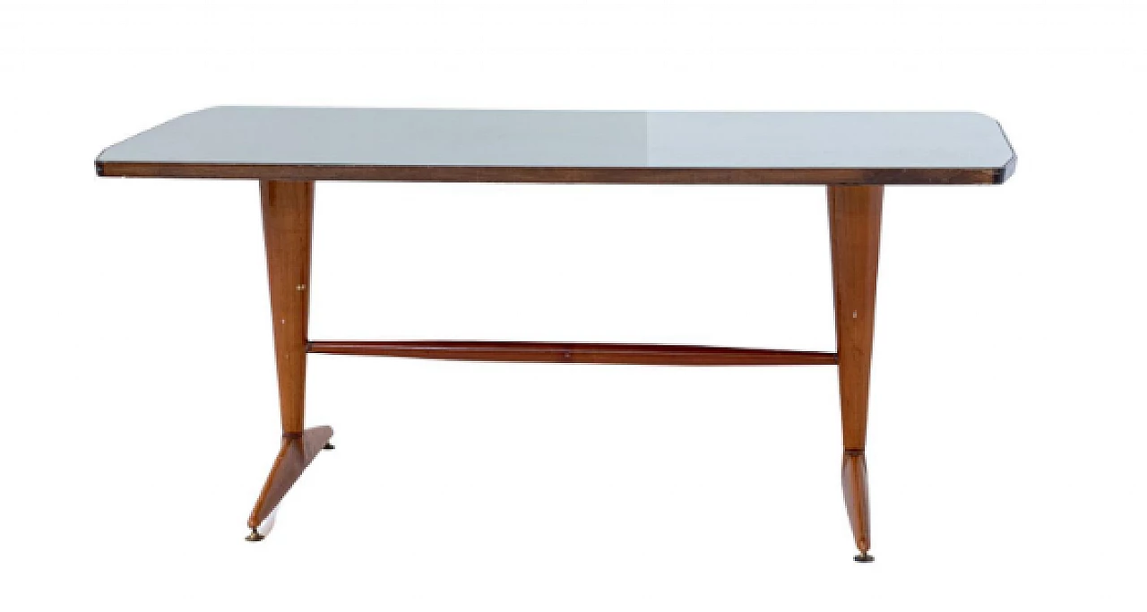 Tavolo in legno con piano in vetro grigio, anni '50 1