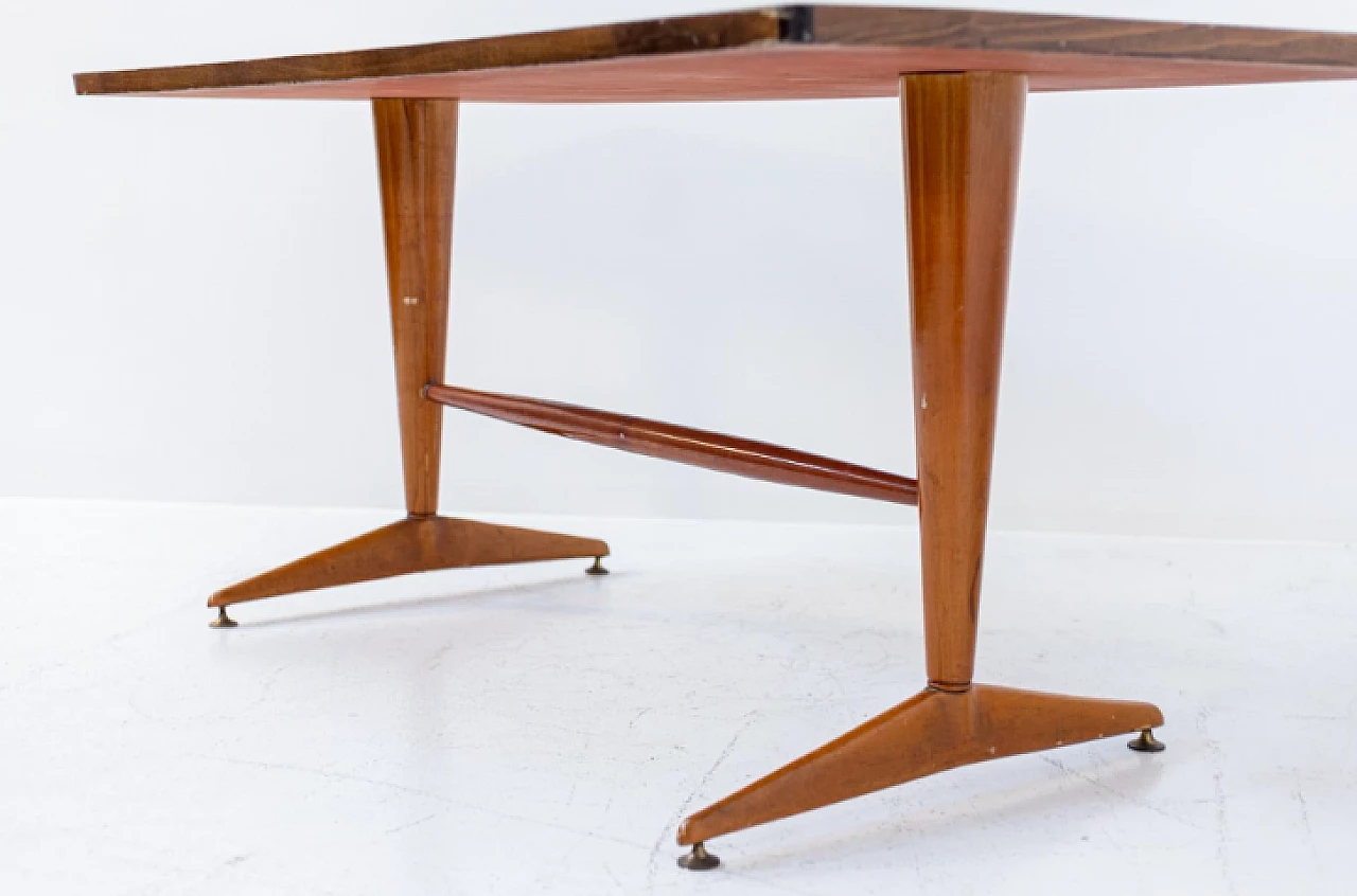 Tavolo in legno con piano in vetro grigio, anni '50 4