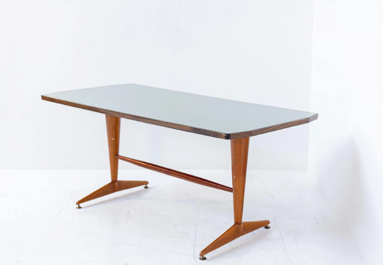 Tavolo in legno con piano in vetro grigio, anni '50 7