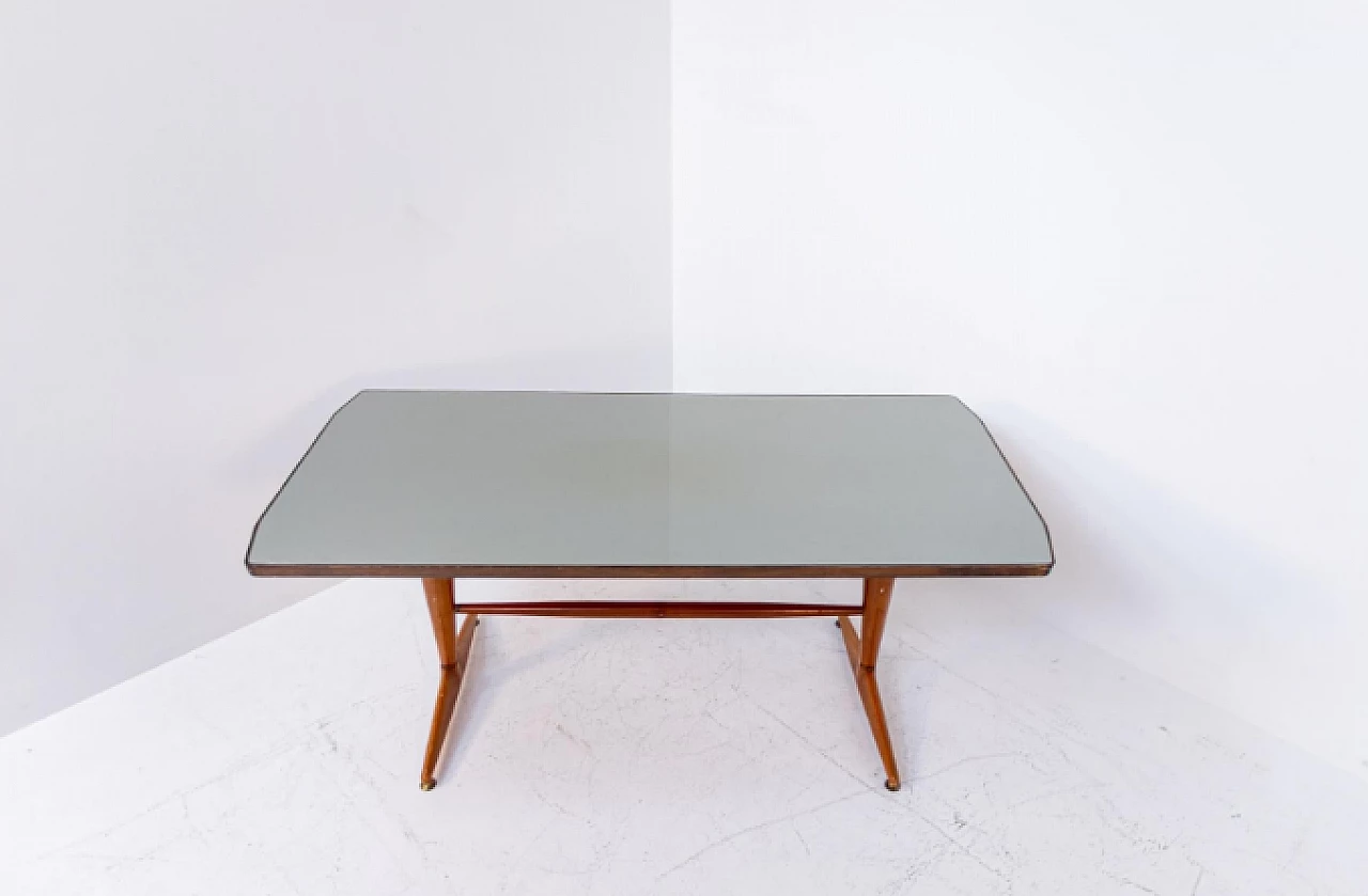 Tavolo in legno con piano in vetro grigio, anni '50 8