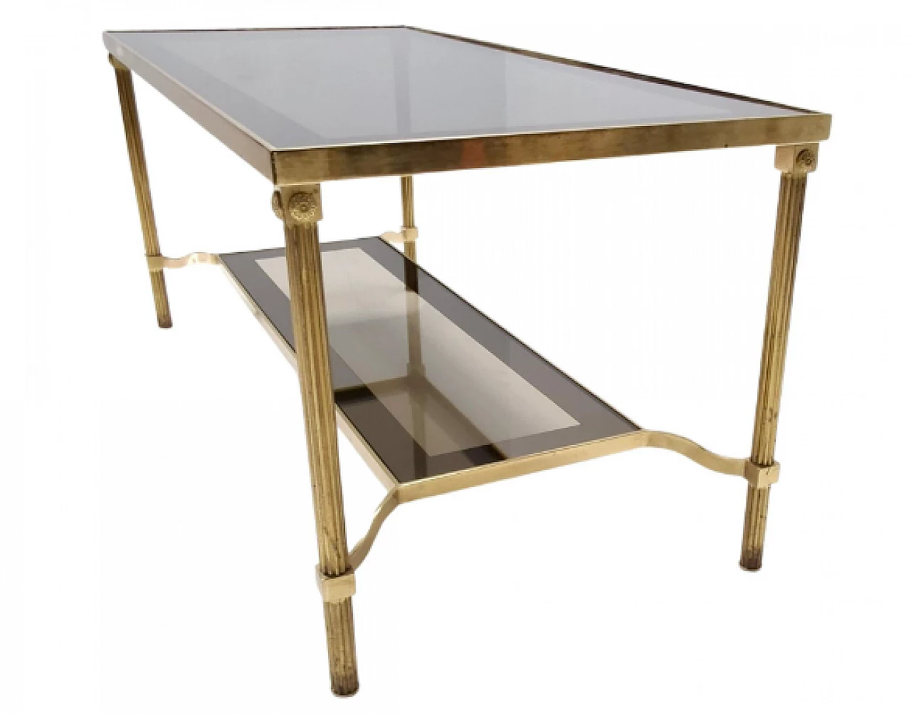Rectangular brass coffee table with double smoked glass shelf, 1960s 1