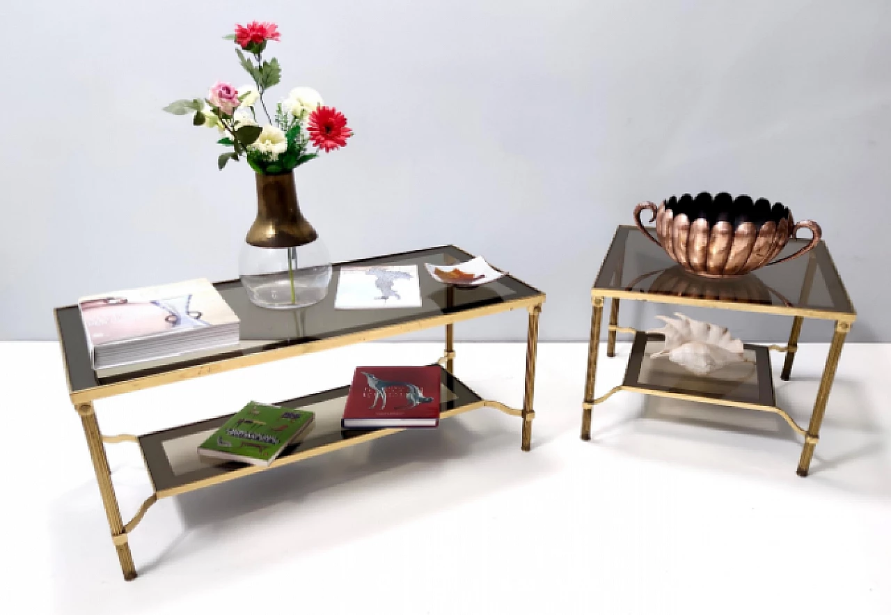 Rectangular brass coffee table with double smoked glass shelf, 1960s 2