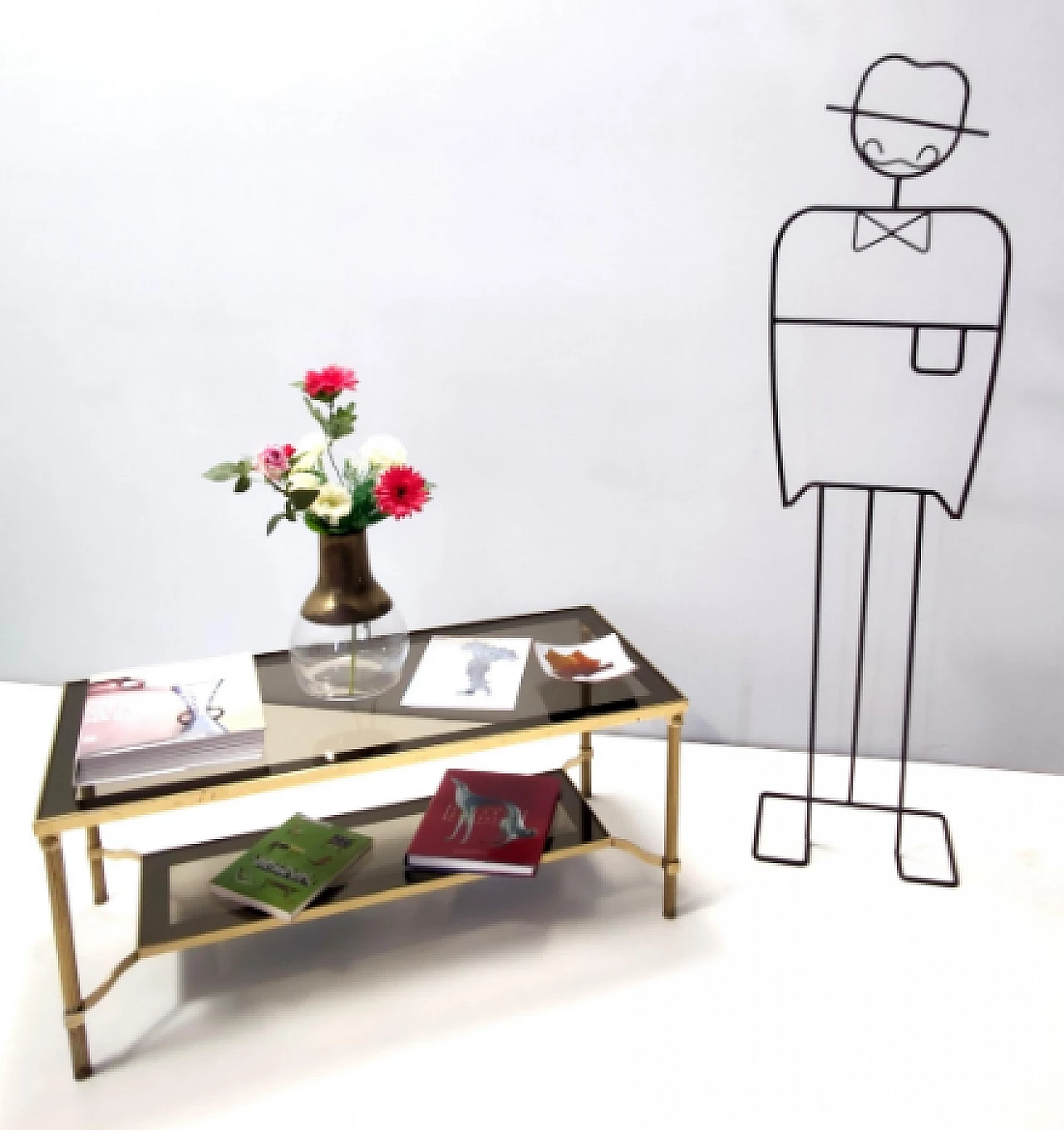 Rectangular brass coffee table with double smoked glass shelf, 1960s 3