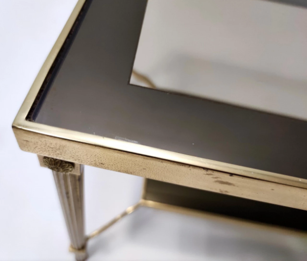Rectangular brass coffee table with double smoked glass shelf, 1960s 9
