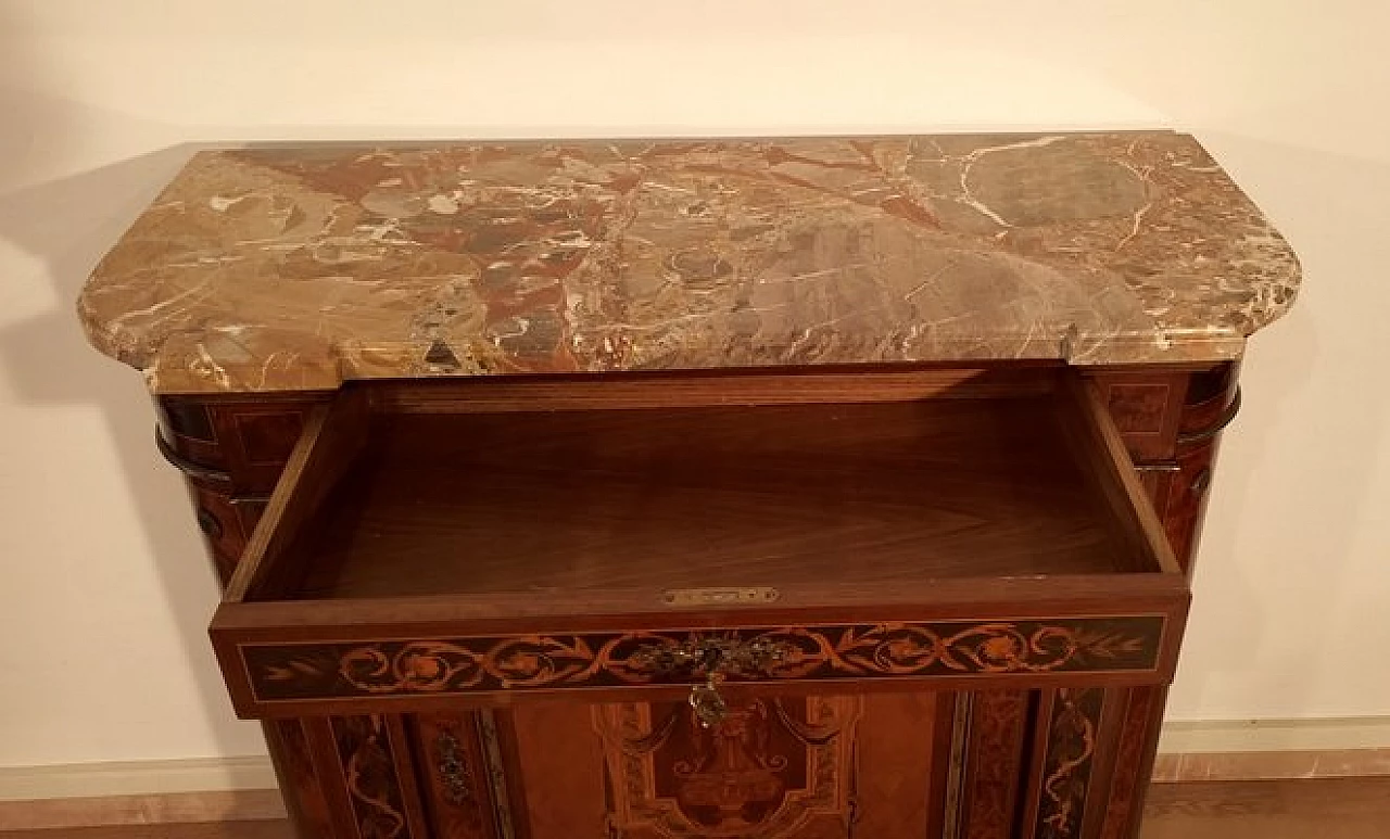 Credenza in legno intarsiato con piano in marmo, anni '60 15