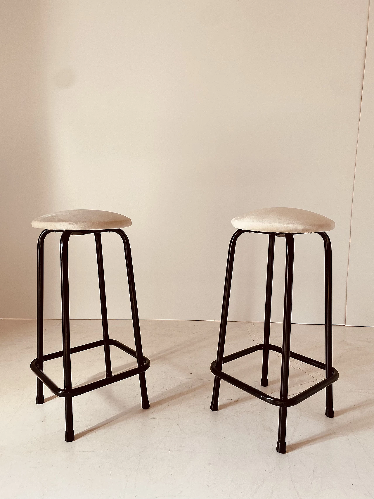 Pair of iron and beige velvet stools, 1960s 1