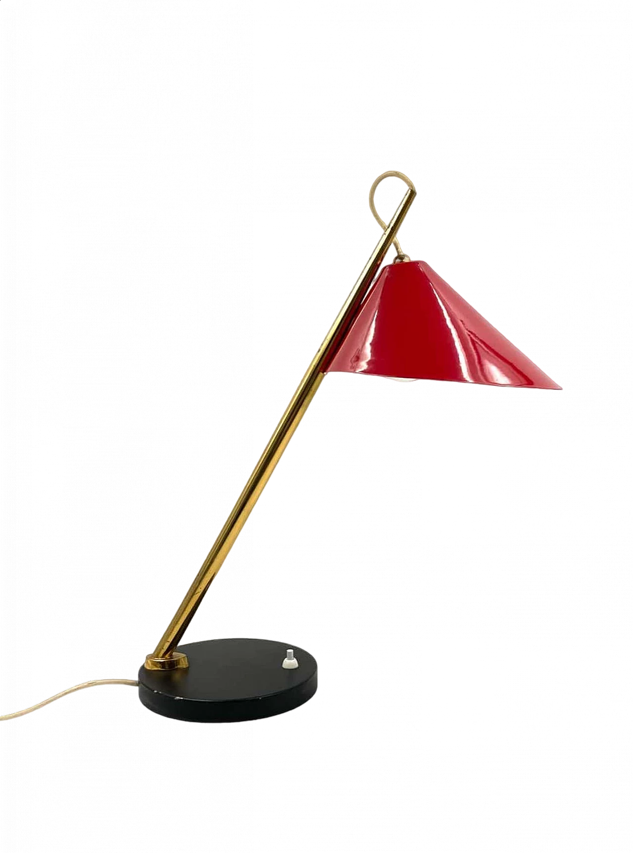 Red metal and brass table lamp for Lumen, 1960s 18