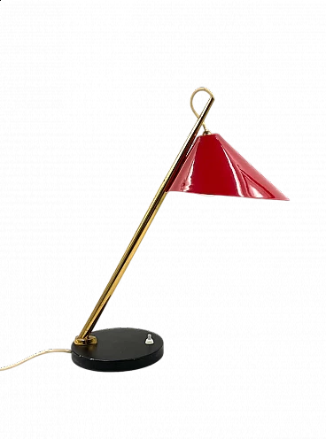 Red metal and brass table lamp for Lumen, 1960s