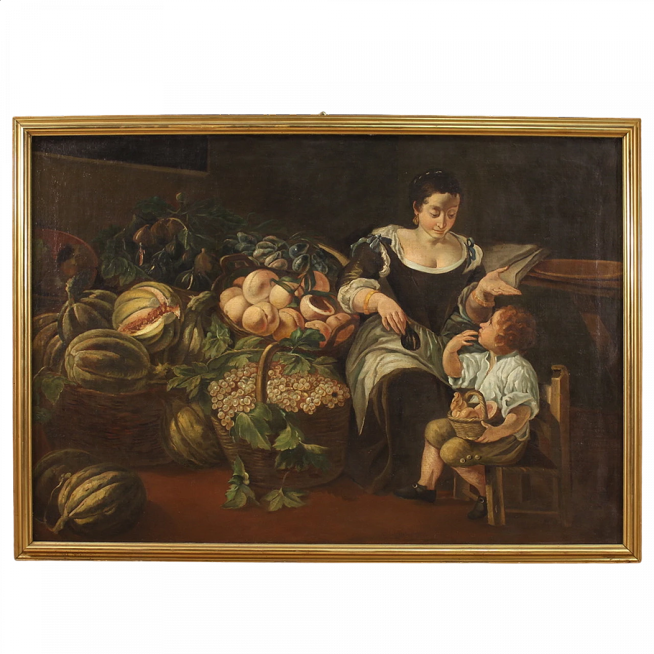 Genre scene painting with still life, oil on canvas, 18th century 16