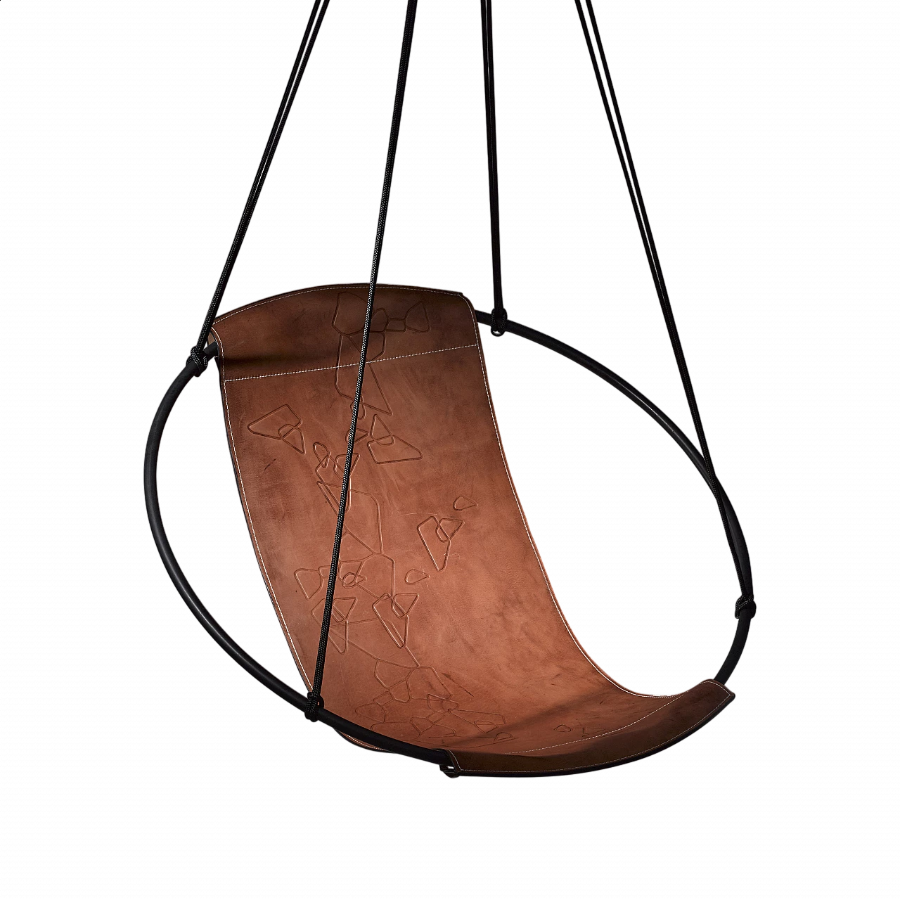 Poltrona sospesa in metallo e pelle marrone con motivo geometrico 7