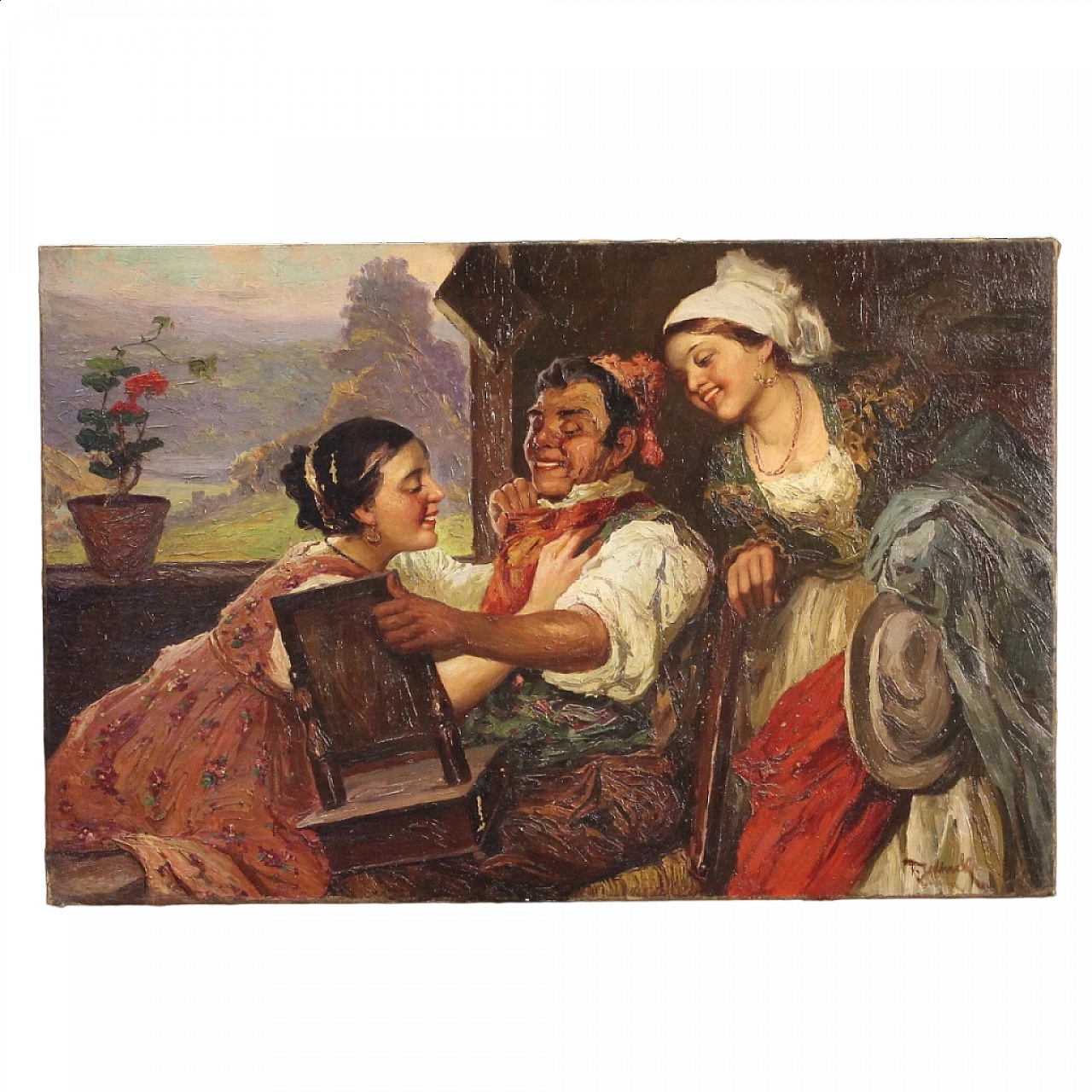 Interior scene with three characters, oil painting on canvas, second half of the 19th century 17