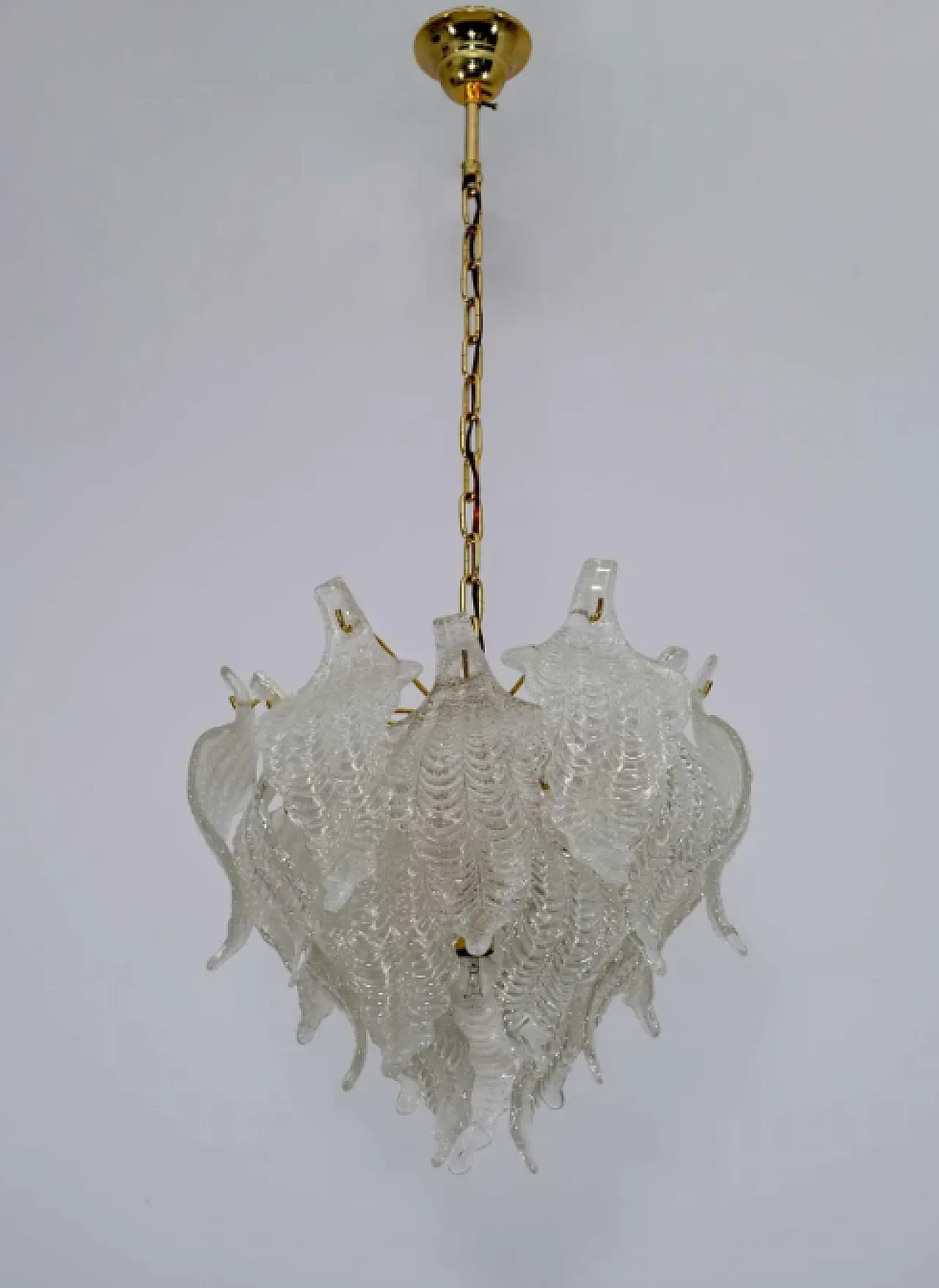 Lampdario a foglie in vetro di Murano e ottone di Mazzega, anni '70 2