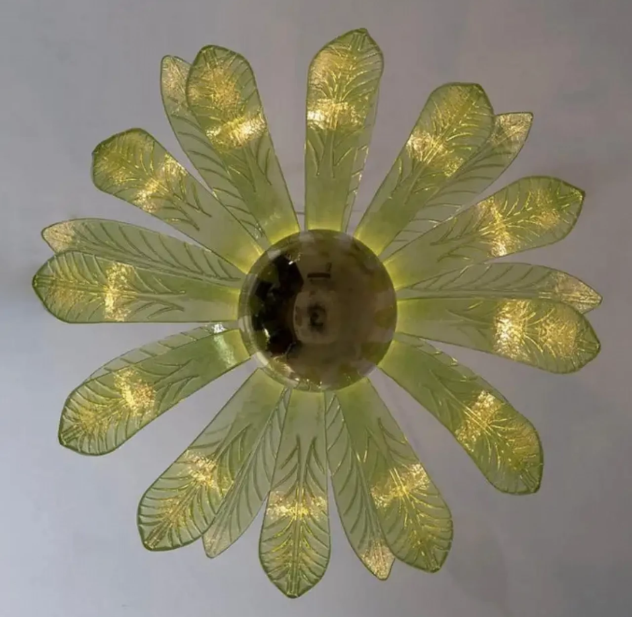 Lampadario a foglie di palma in vetro di Murano e ottone, anni '70 6