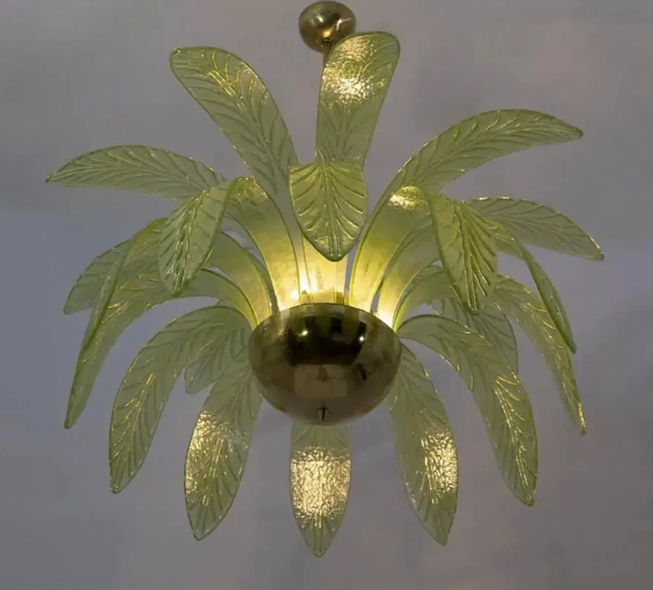 Lampadario a foglie di palma in vetro di Murano e ottone, anni '70 7