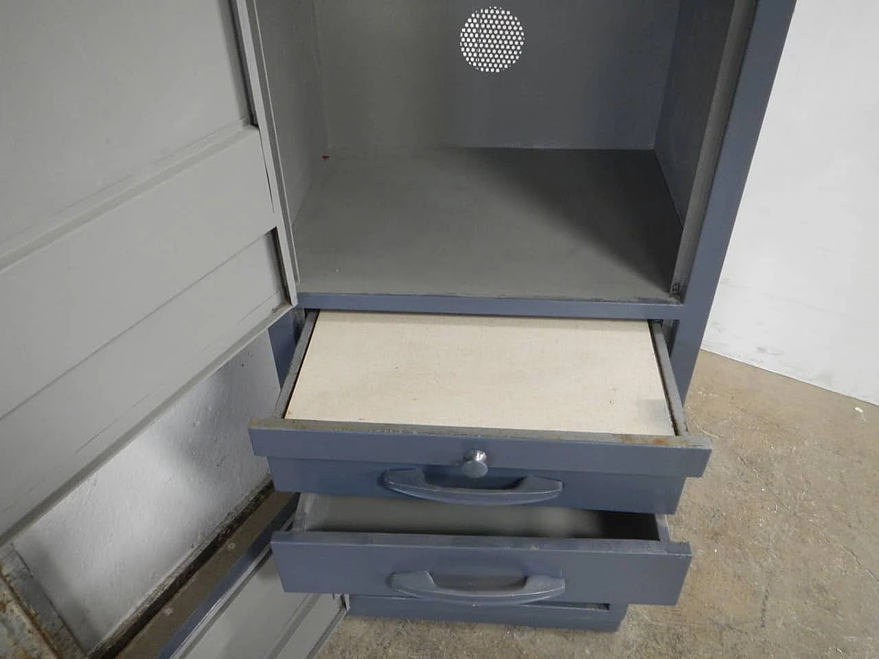 Iron cabinet with doors, drawers and formica shelf, 1970s 7