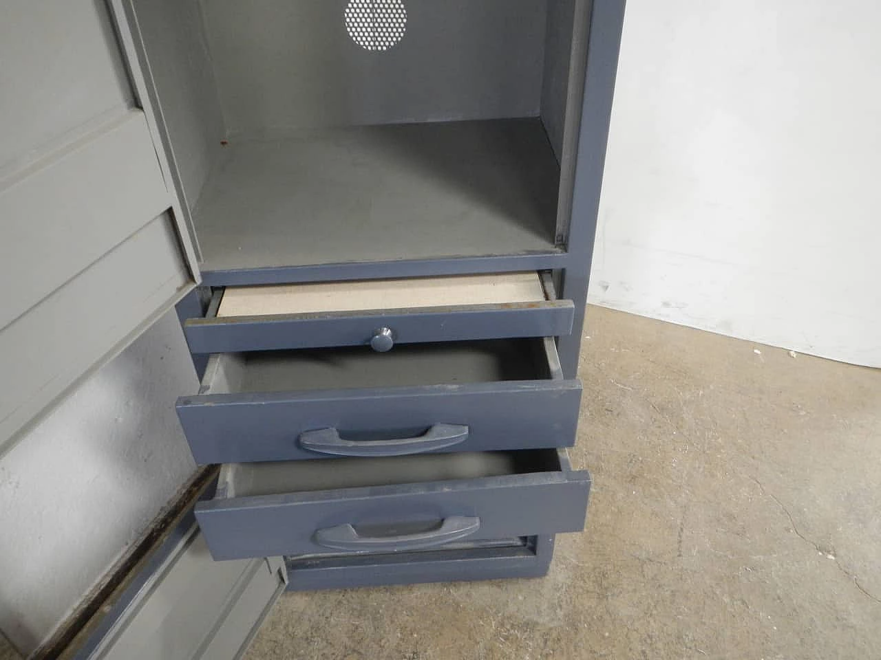 Iron cabinet with doors, drawers and formica shelf, 1970s 8