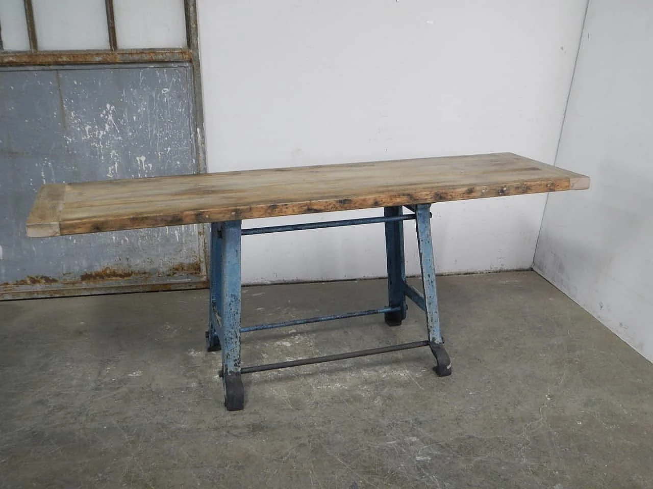 TV stand table with beech top on industrial cast-iron base, 1950s 2