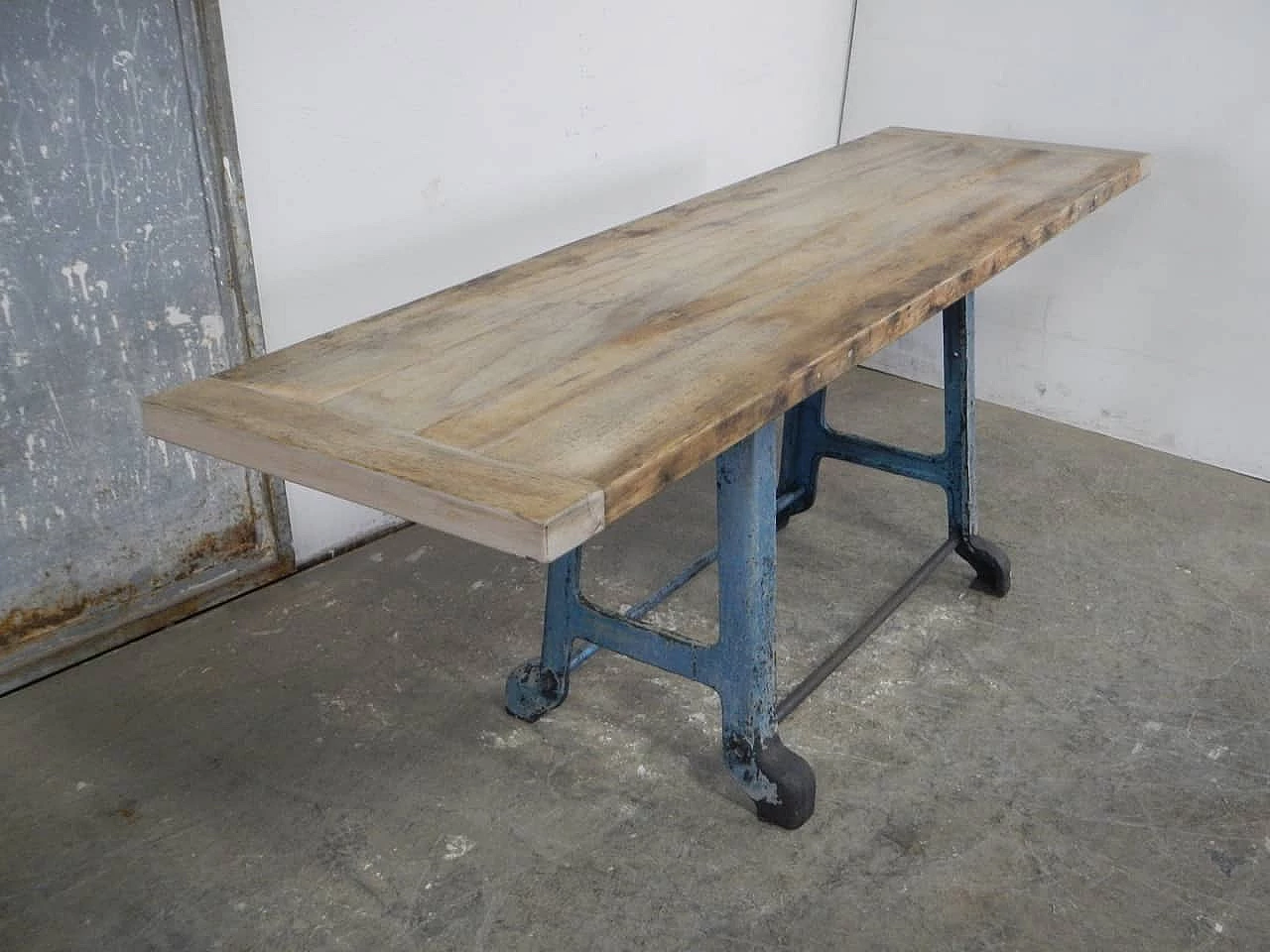 TV stand table with beech top on industrial cast-iron base, 1950s 3