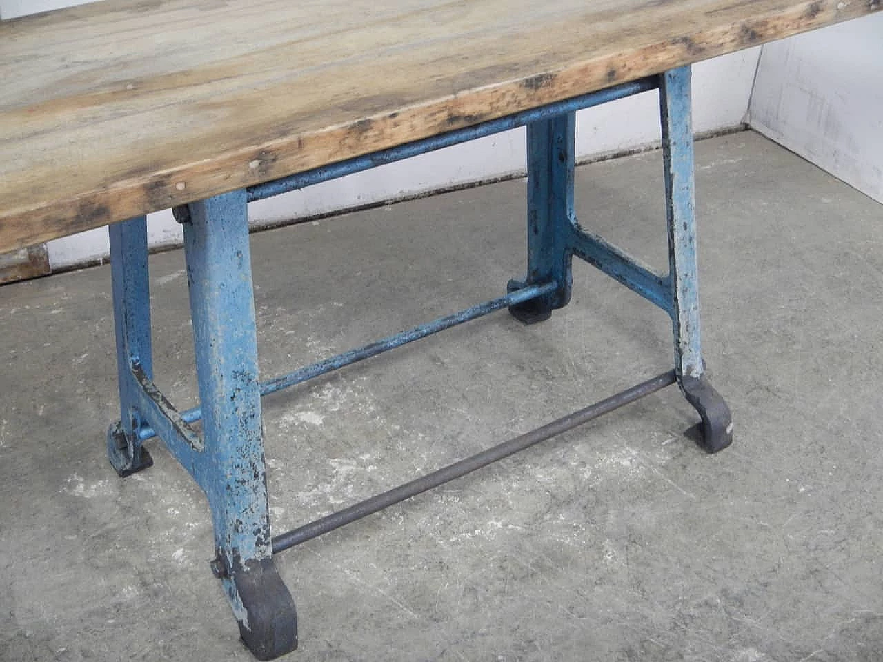 TV stand table with beech top on industrial cast-iron base, 1950s 4