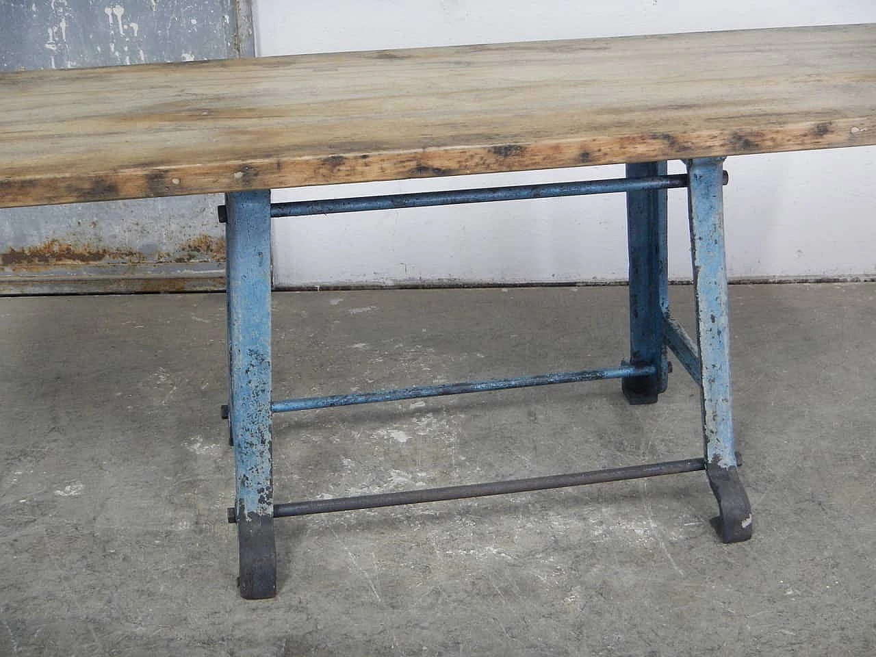 TV stand table with beech top on industrial cast-iron base, 1950s 5