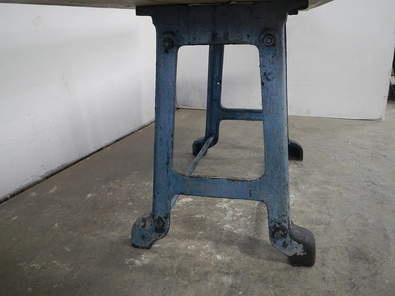 TV stand table with beech top on industrial cast-iron base, 1950s 7