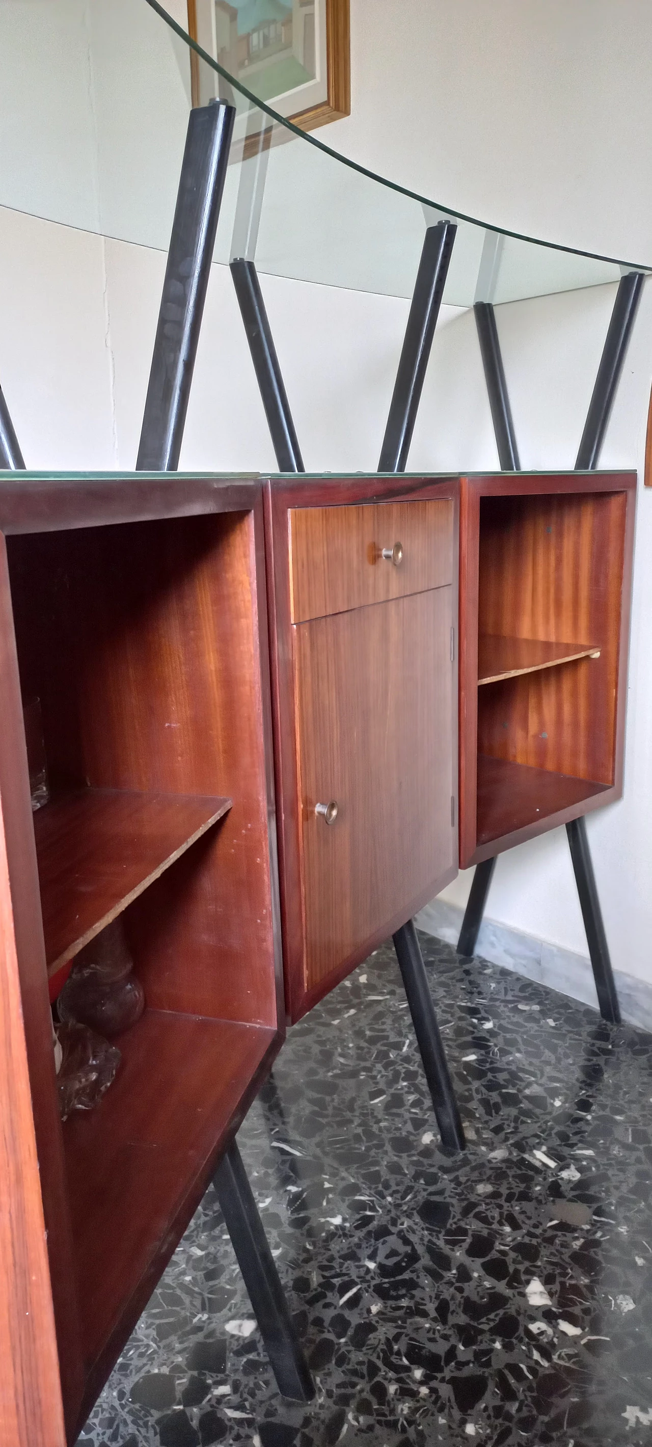 Mahogany corner bar cabinet with pair of stools, 1960s 7