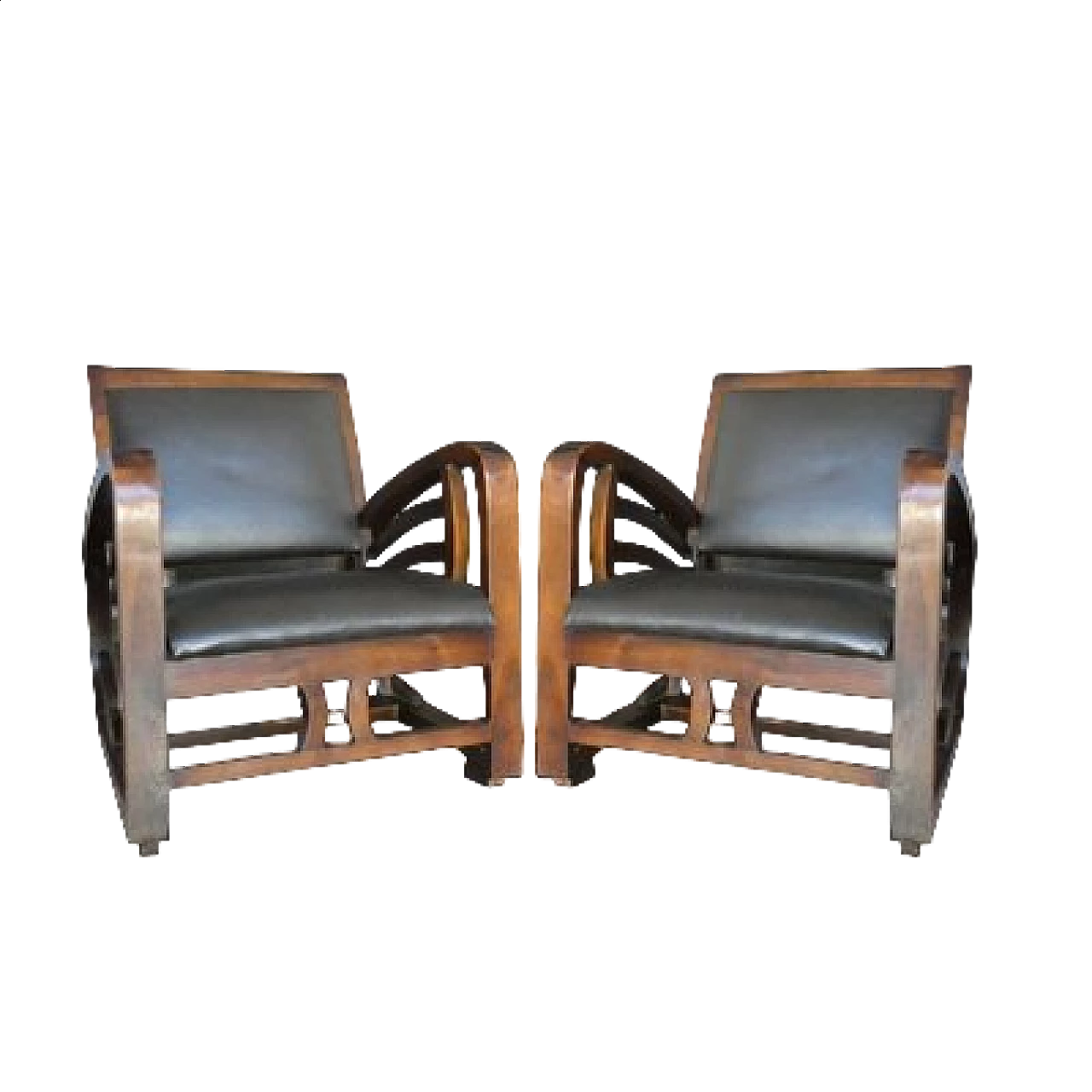 Coppia di poltrone Art Déco in pelle e teak massiccio, anni '50 8