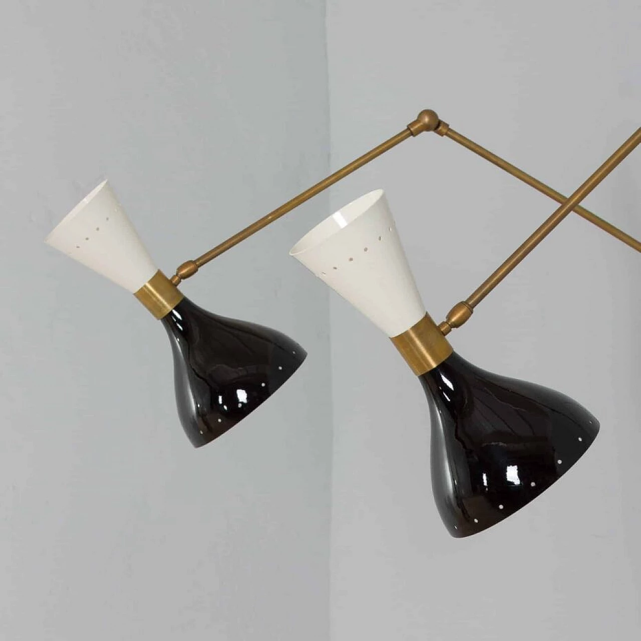 Pair of adjustable brass wall sconces with black and white lacquered lampshades, 1970s 3