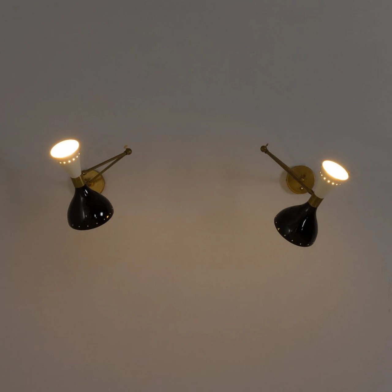 Pair of adjustable brass wall sconces with black and white lacquered lampshades, 1970s 10