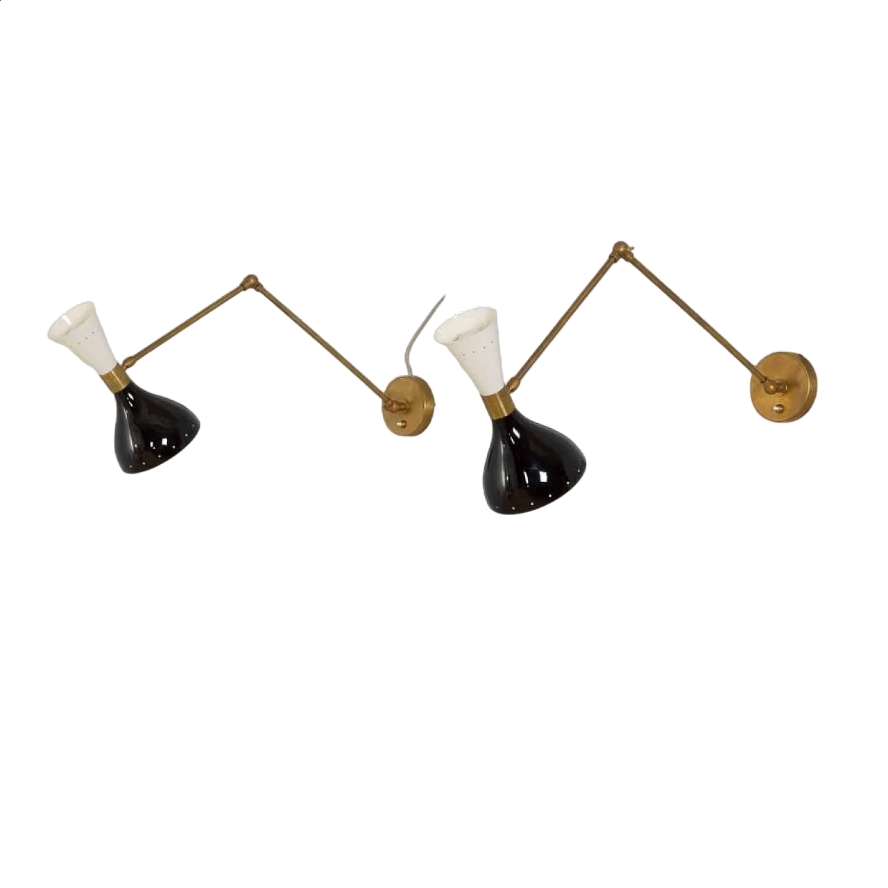Pair of adjustable brass wall sconces with black and white lacquered lampshades, 1970s 14