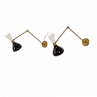 Pair of adjustable brass wall sconces with black and white lacquered lampshades, 1970s