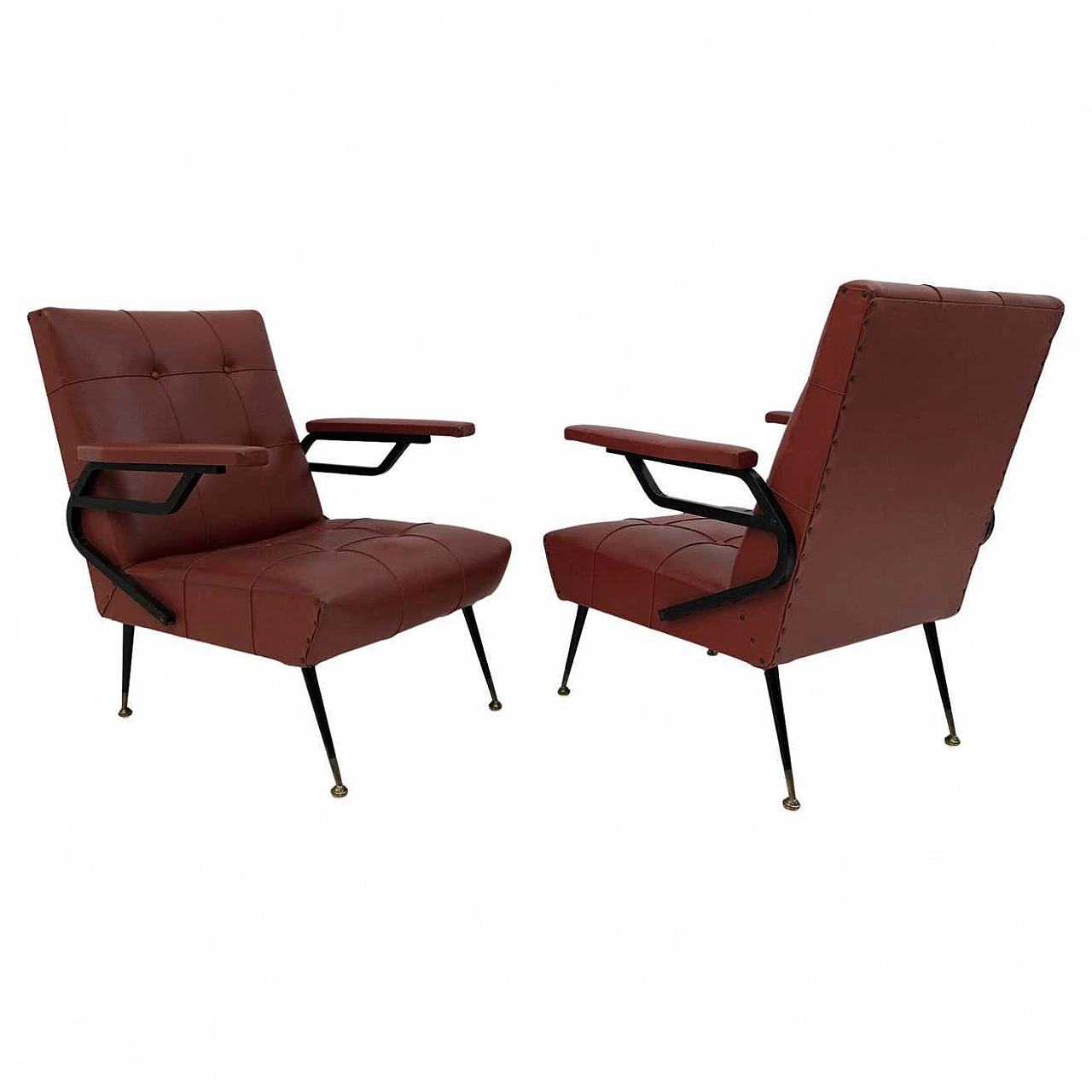 Coppia di poltroncine in ecopelle con gambe in metallo e ottone, anni '60 8