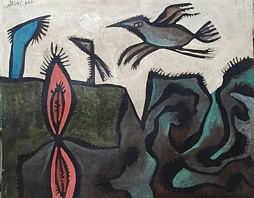 Anton Lutgerink Dartel, composizione surrealista, dipinto a olio su tela, 1964