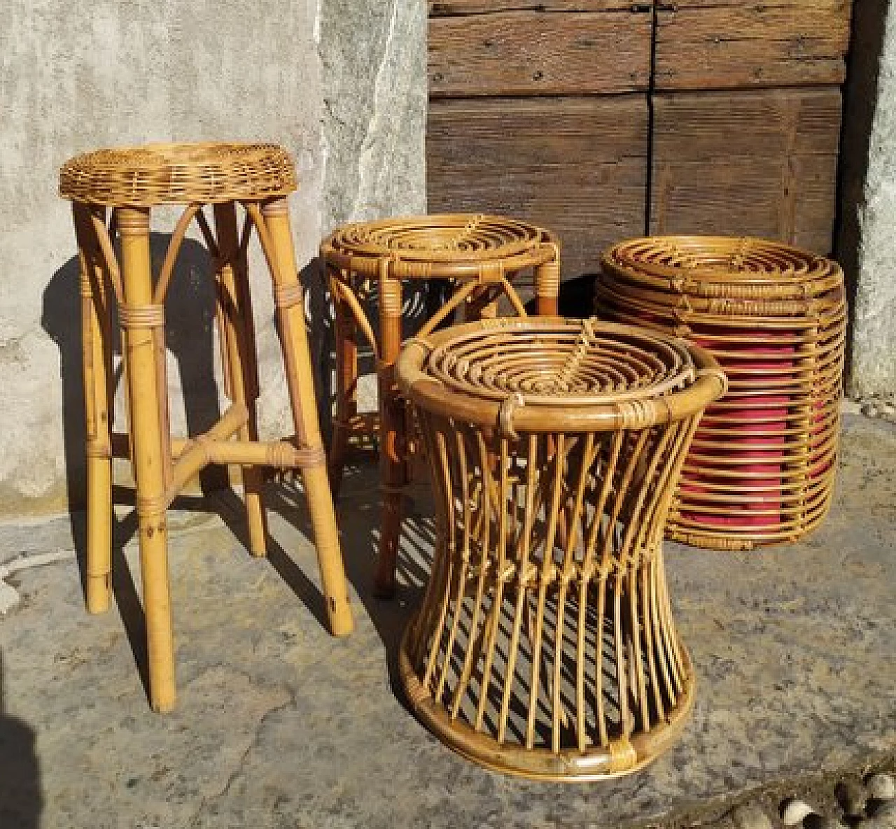 3 Wicker stools and pouf attributed to Tito Agnoli for Bonacina, 1950s 1