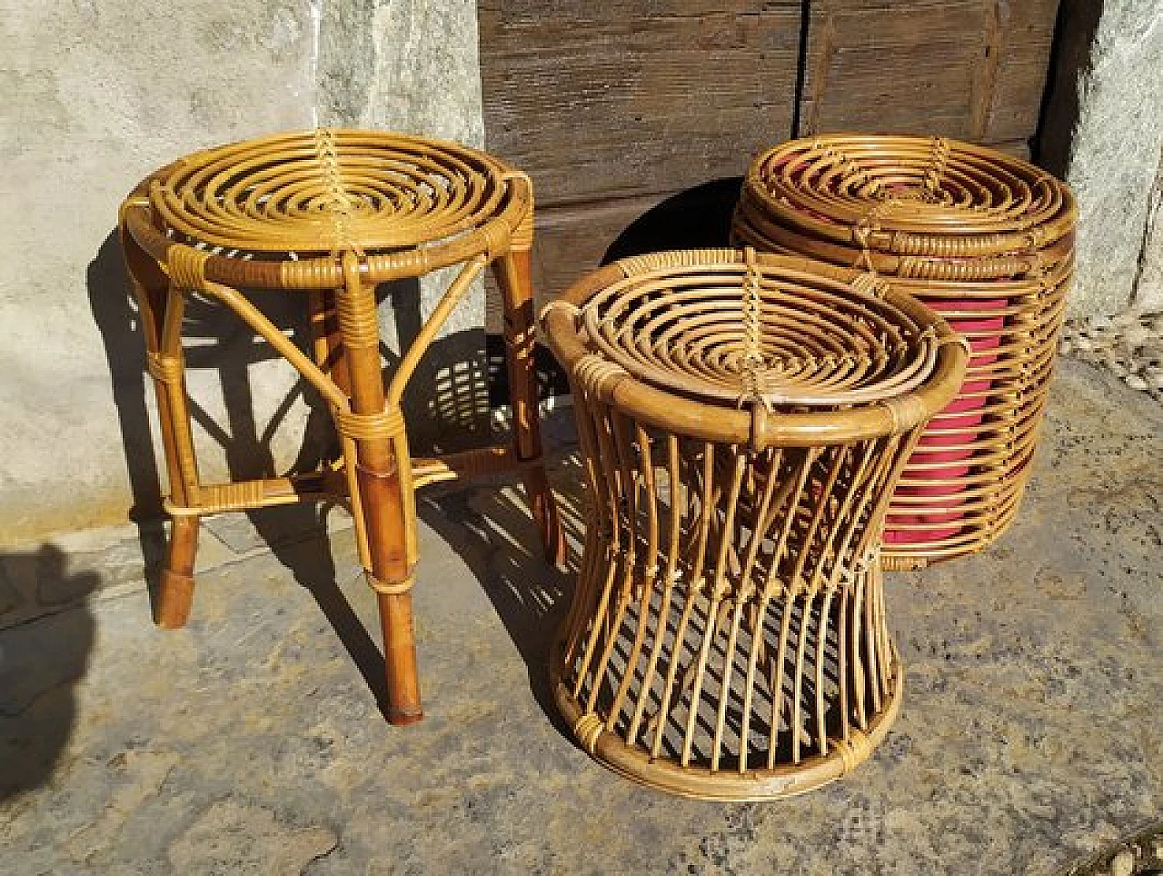 3 Wicker stools and pouf attributed to Tito Agnoli for Bonacina, 1950s 2