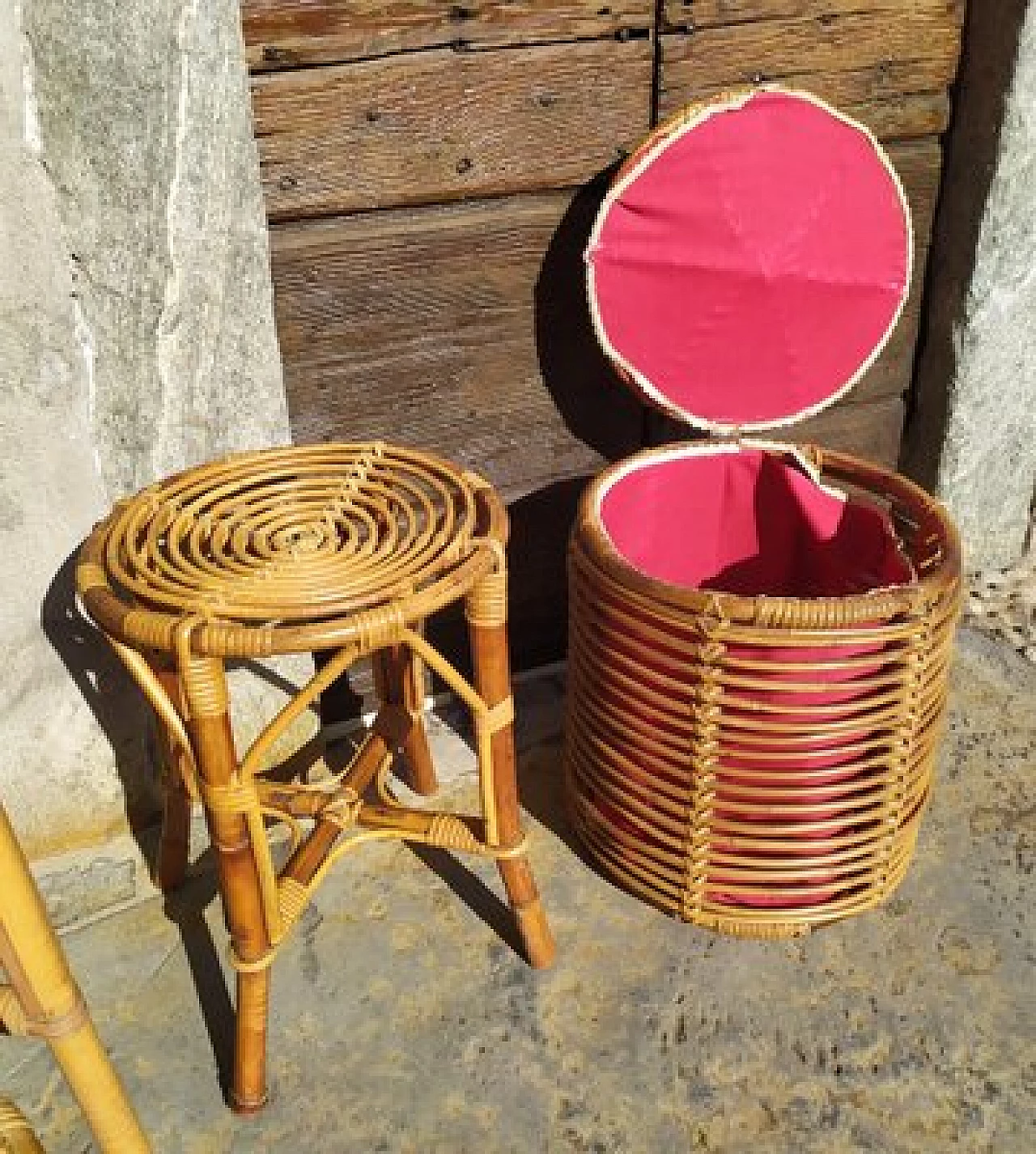 3 Wicker stools and pouf attributed to Tito Agnoli for Bonacina, 1950s 3